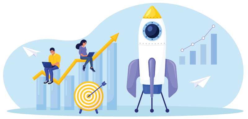 Success illustration with upward graphs and rocket ship